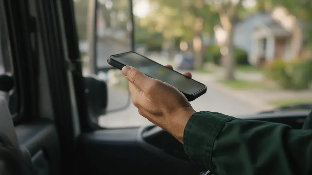 Stemningsbilde (AI-generert): en hånd som holder en mobil inne i en arbeidsbil.